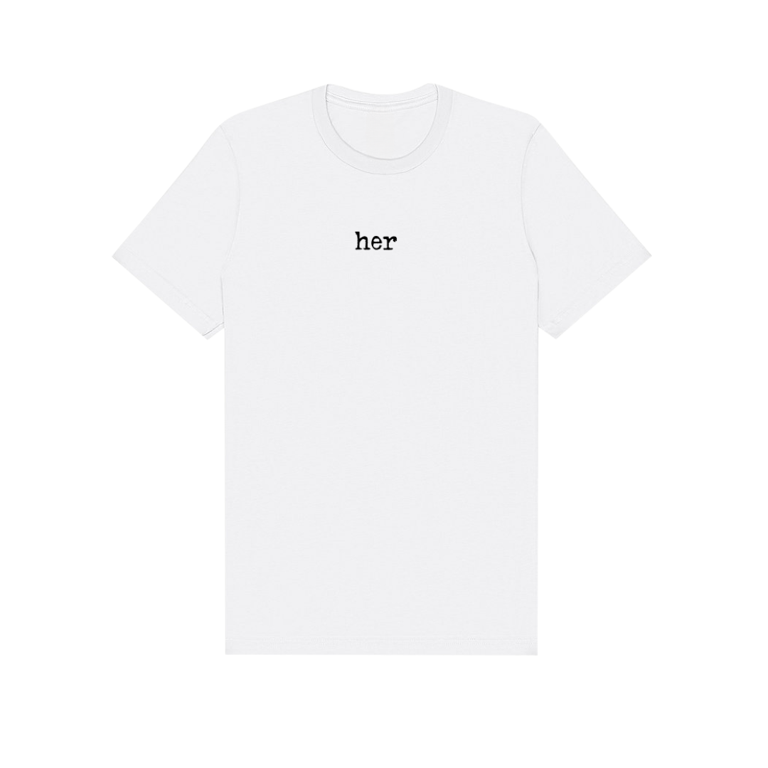 White t-shirt with ’her’ text design, simple and casual.