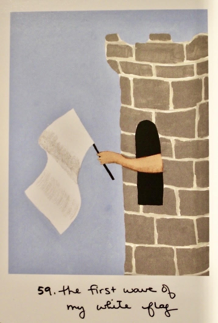 Hand holding a white flag out of a stone tower window.