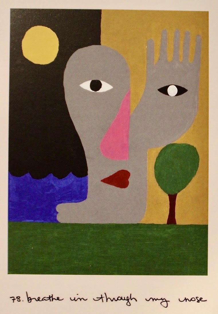 Abstract painting of a stylized face with a hand, moon, and tree.