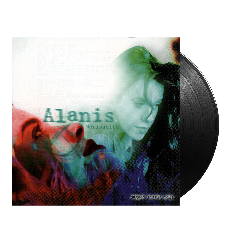 Vinyl record album of Alanis Morissette’s ’Jagged Little Pill’ with colorful abstract cover art.