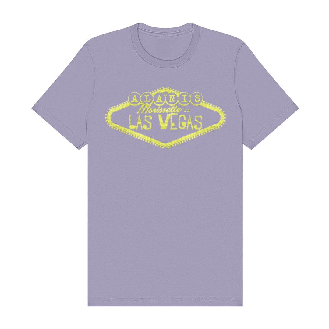 Lavender t-shirt with neon yellow las vegas sign design.