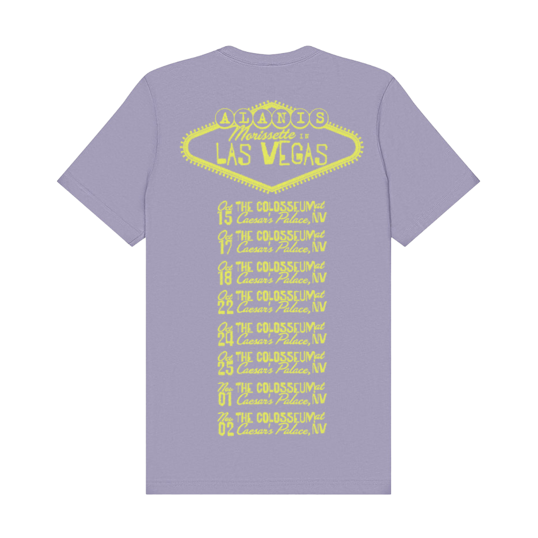Lavender t-shirt with ’the colosseum’ text repeated vertically in yellow, featuring a las vegas sign design on the back.