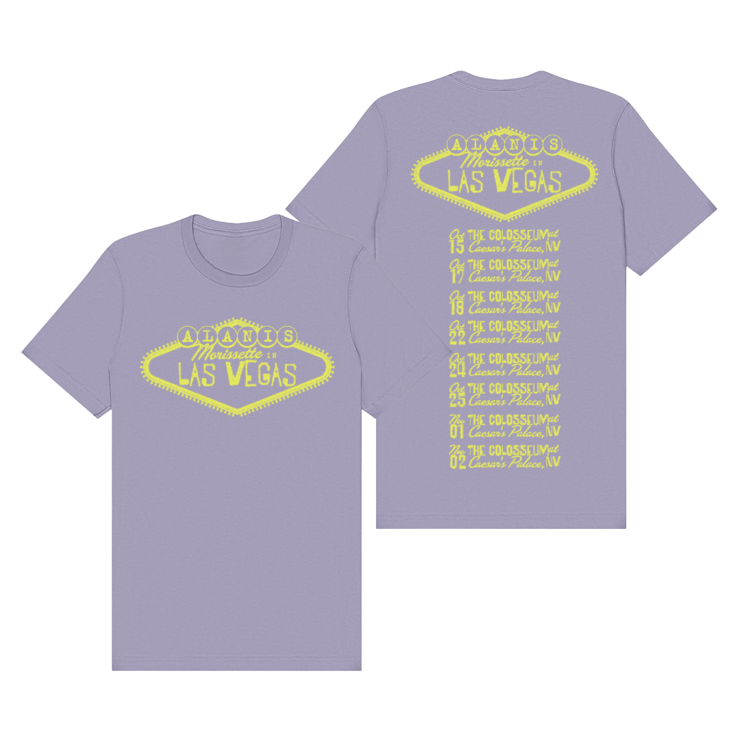 Lavender t-shirt with neon yellow las vegas sign and list of attractions design.