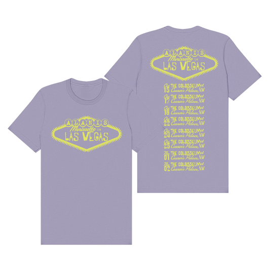 Lavender t-shirt with neon yellow las vegas sign and list of attractions design.
