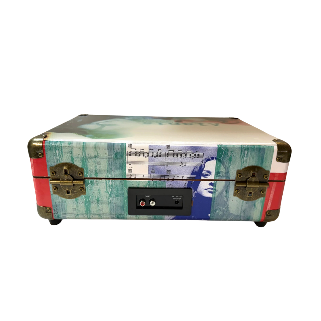 Vintage-style wooden treasure chest with brass hardware and a colorful, textured design.