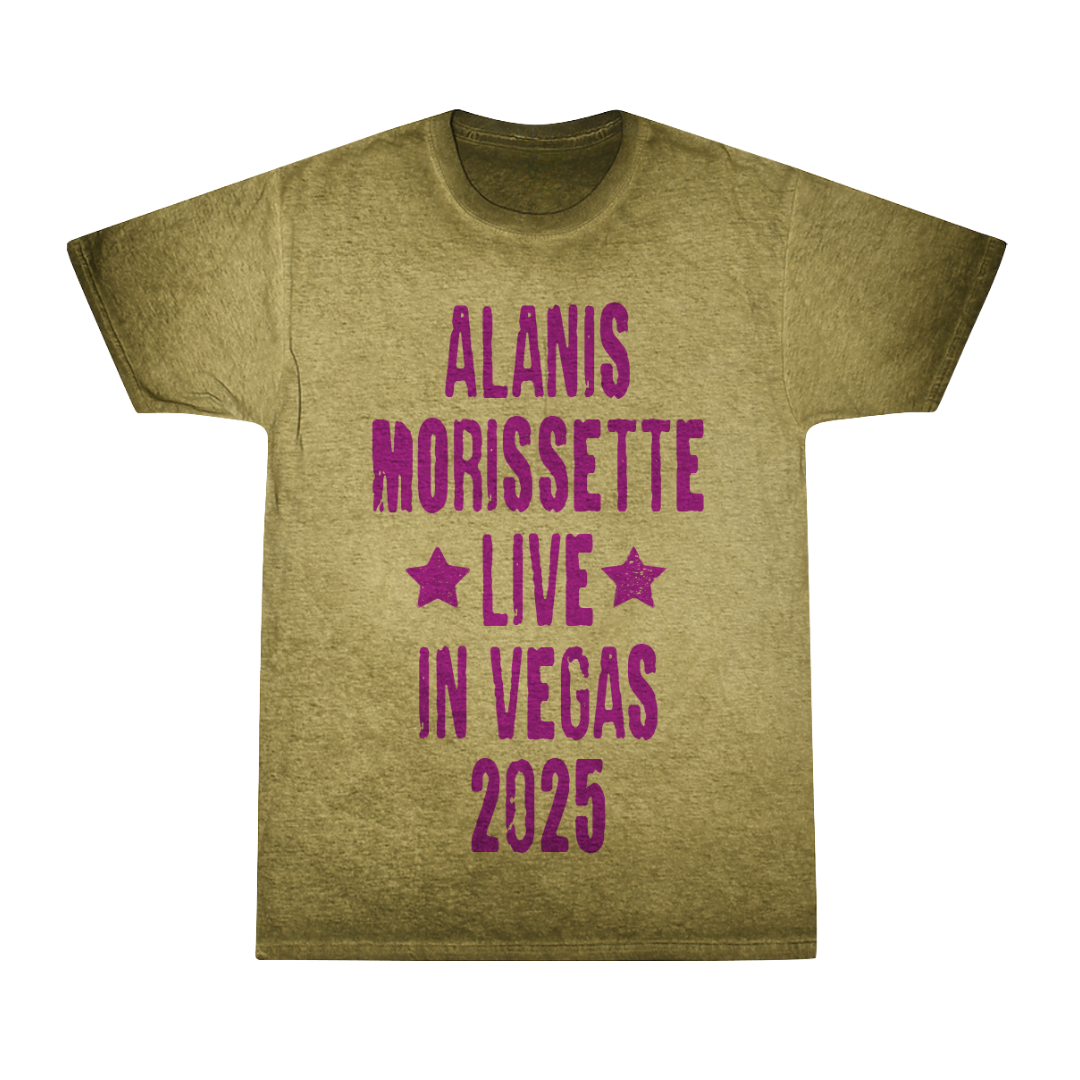 2025 alanis morissette live in vegas t-shirt, mustard yellow with purple text and stars.