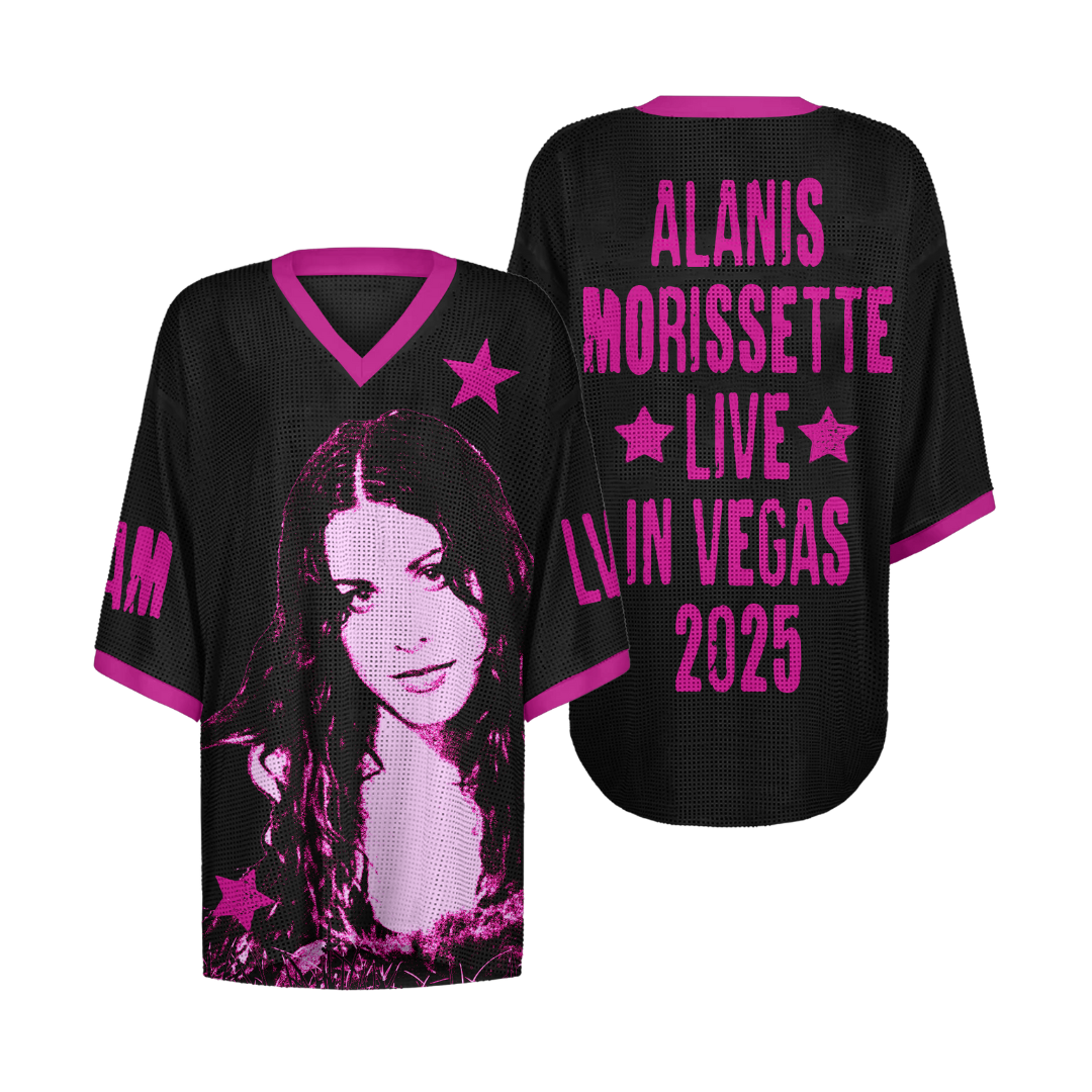 Black and pink alanis morissette jersey with mesh sleeves.