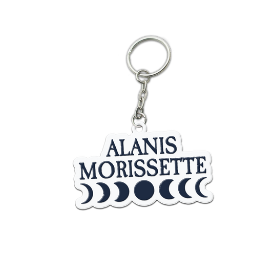 Keychain featuring Alanis Morissette’s name and moon phase symbols.