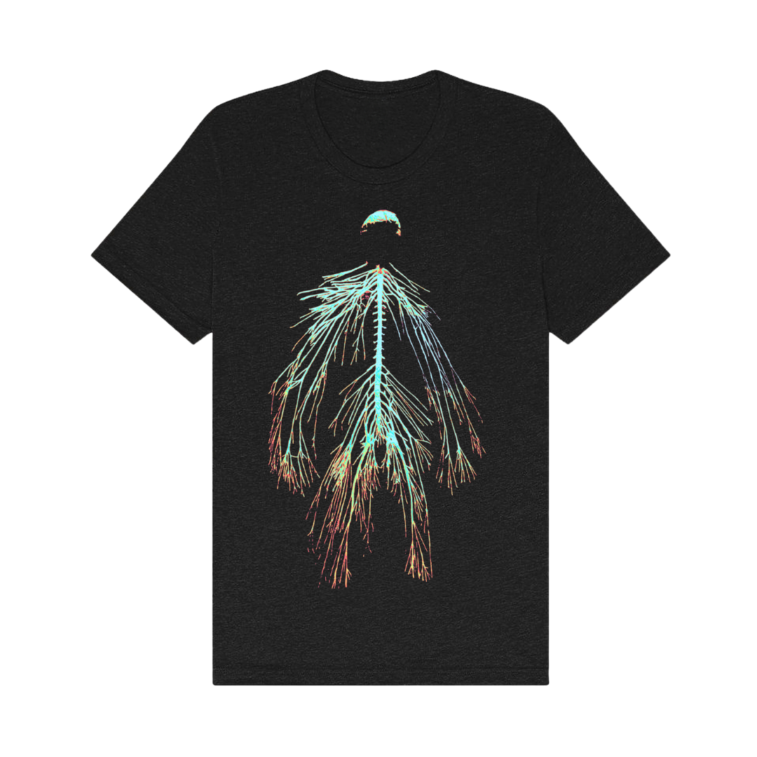Black t-shirt with colorful skeleton design, glow-in-the-dark material.