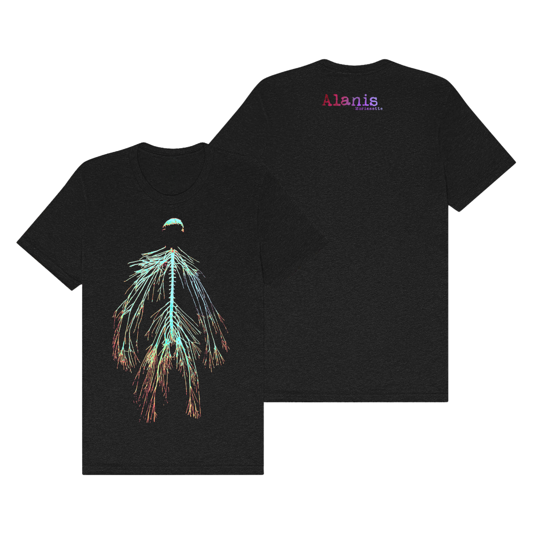 Black t-shirt with neon skeleton design and ’alanis’ text on sleeve.