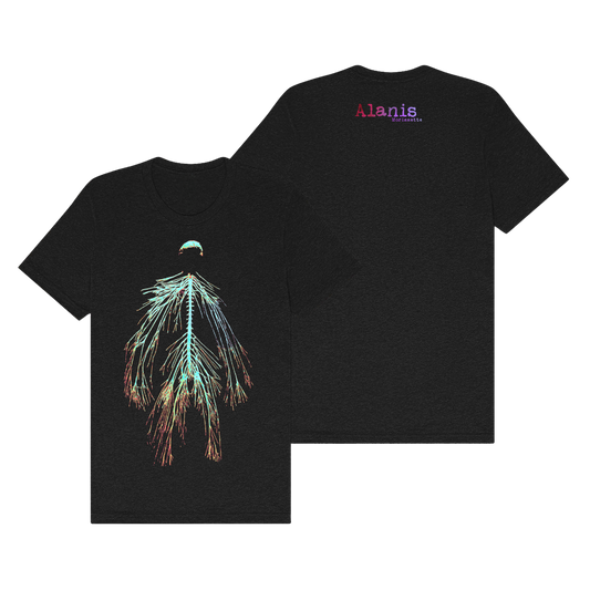 Black t-shirt with neon skeleton design and ’alanis’ text on sleeve.