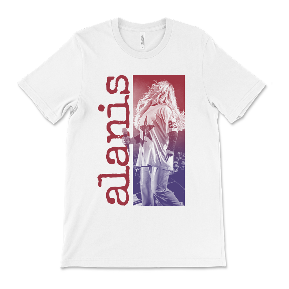 White t-shirt featuring a red and blue gradient image of a person with long hair and the word ’alanis’ in red text.