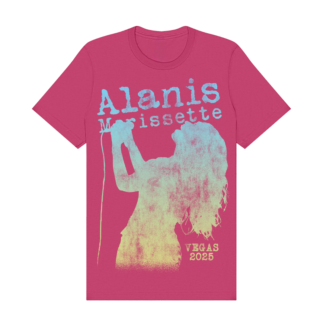 Pink alanis morissette vegas 2025 t-shirt with distressed graphic design and text.