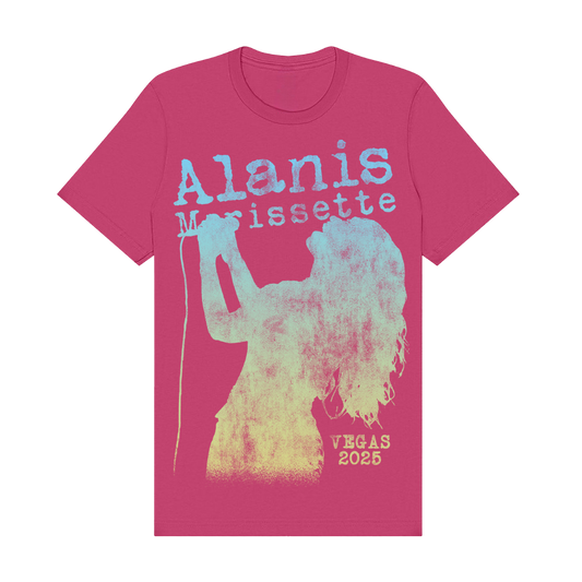Pink alanis morissette vegas 2025 t-shirt with distressed graphic design and text.