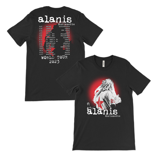 Concert tour merchandise t-shirts for Alanis Morissette’s 2023 World Tour.