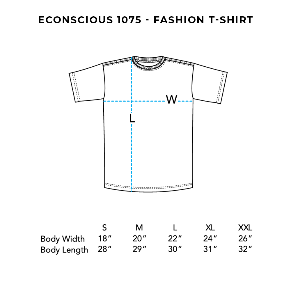 Simple line drawing of a t-shirt with sizing measurements indicated.