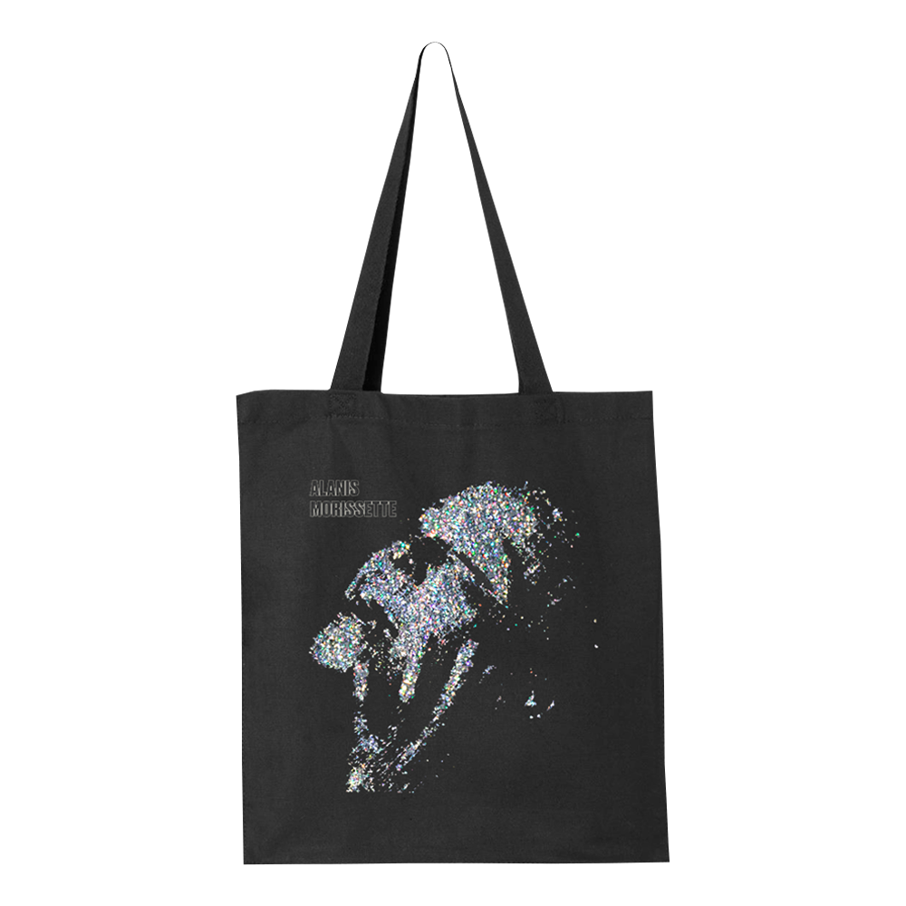 Black tote bag with a glittery jellyfish design and text.