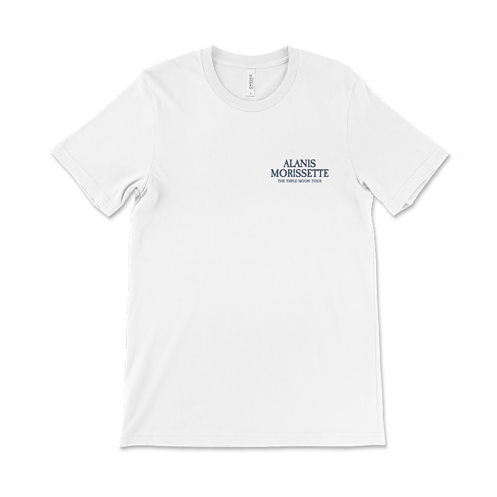 White t-shirt with ’ALANIS MORISSETTE’ text printed on the chest.