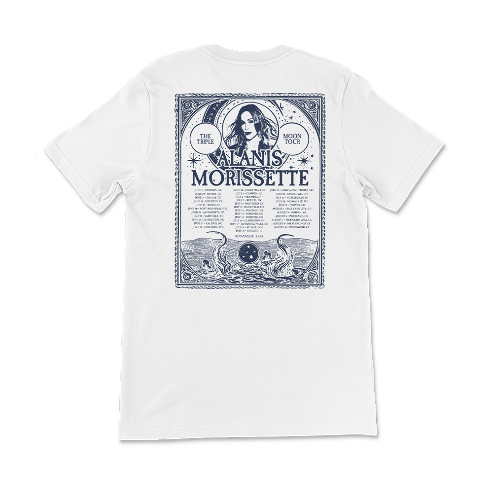 White t-shirt with an Alanis Morissette tour design printed on the back.