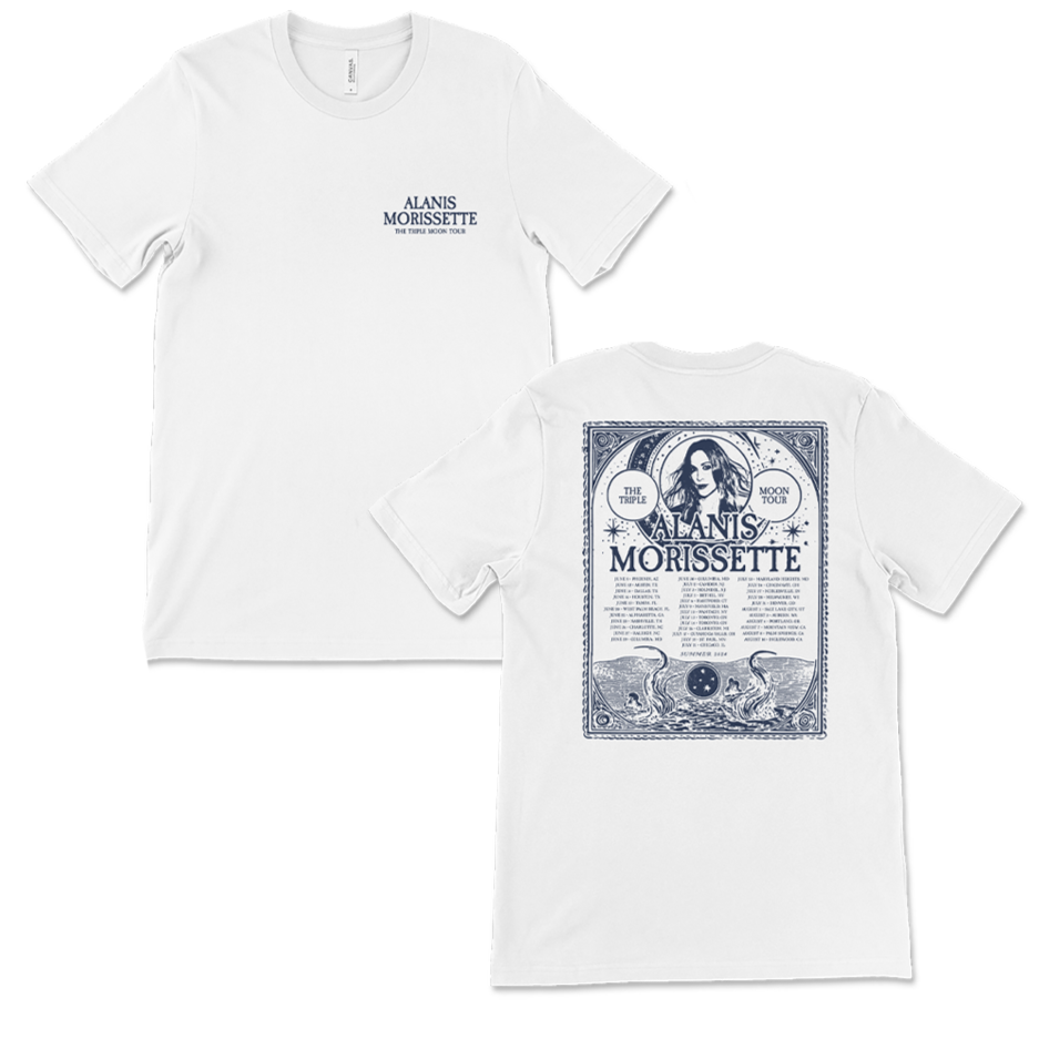 White t-shirt with Alanis Morissette tour artwork printed on it.