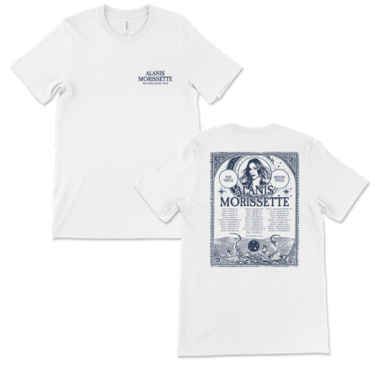 White t-shirt with Alanis Morissette tour artwork printed on it.