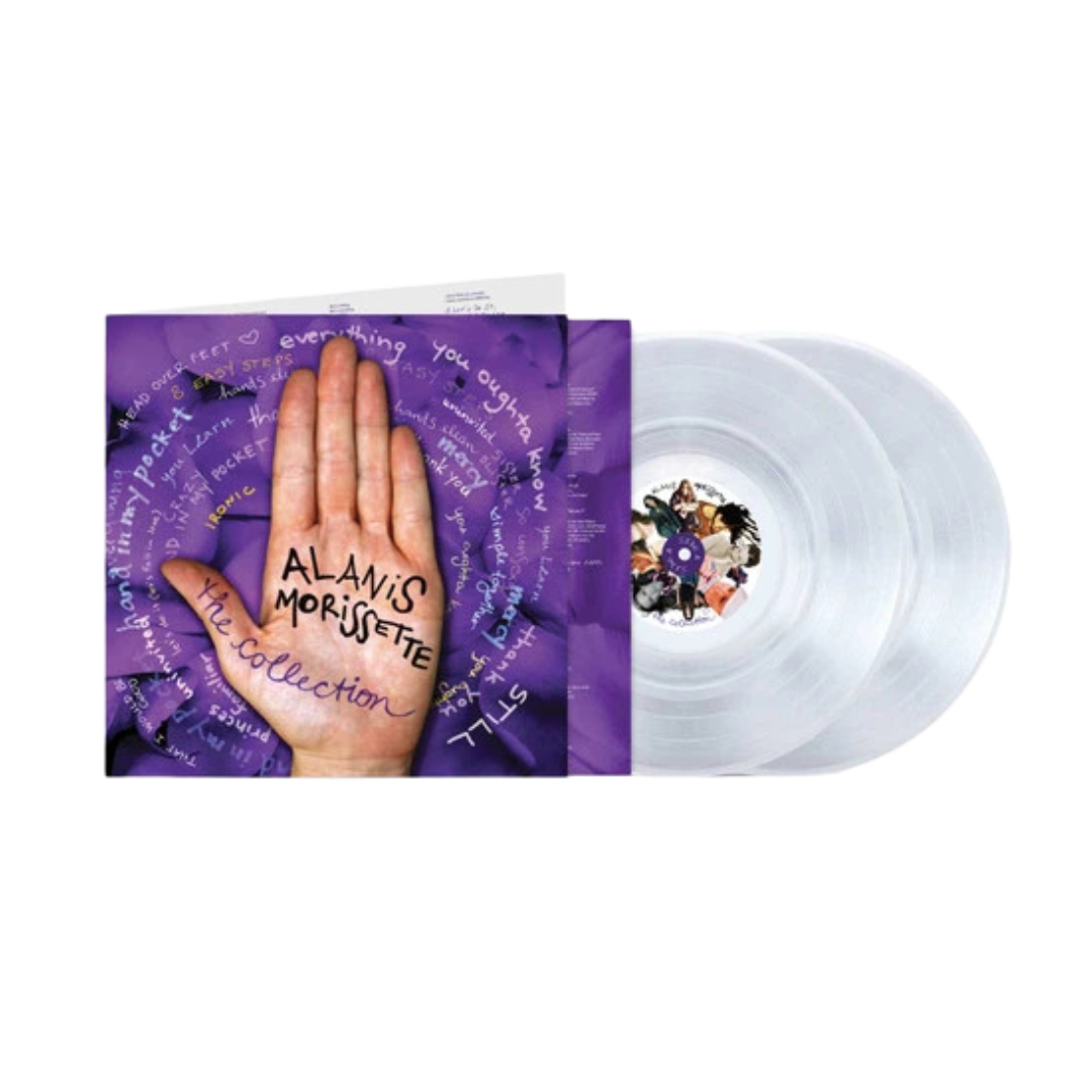Purple album cover featuring a hand with ’alanis morissette’ and ’the collection’ written on it, paired with a translucent white vinyl record.