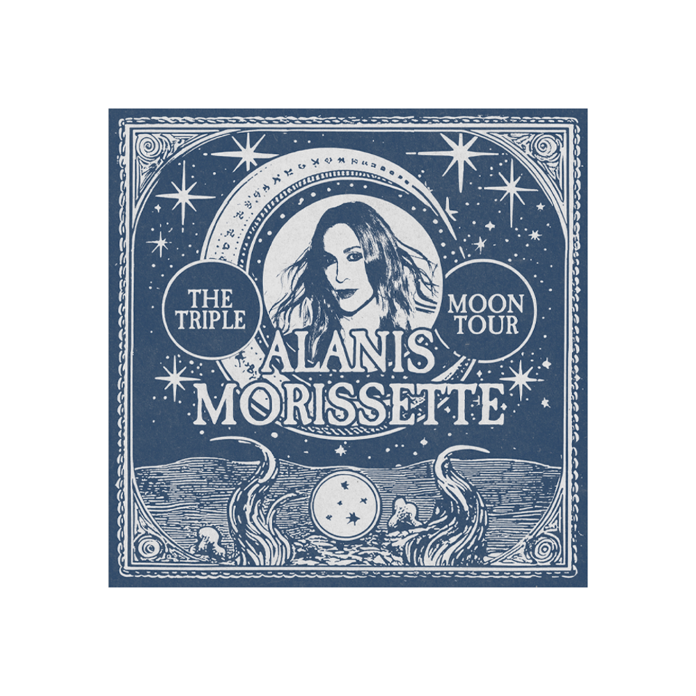 Blue and white alanis morissette album cover with celestial design.