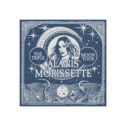 Blue and white alanis morissette album cover with celestial design.