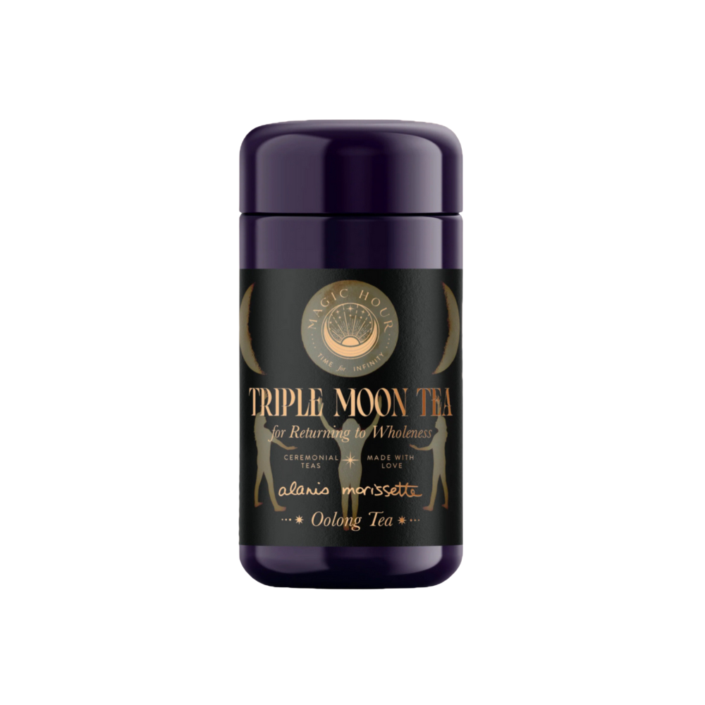 Purple tea tin with a gold and black label.