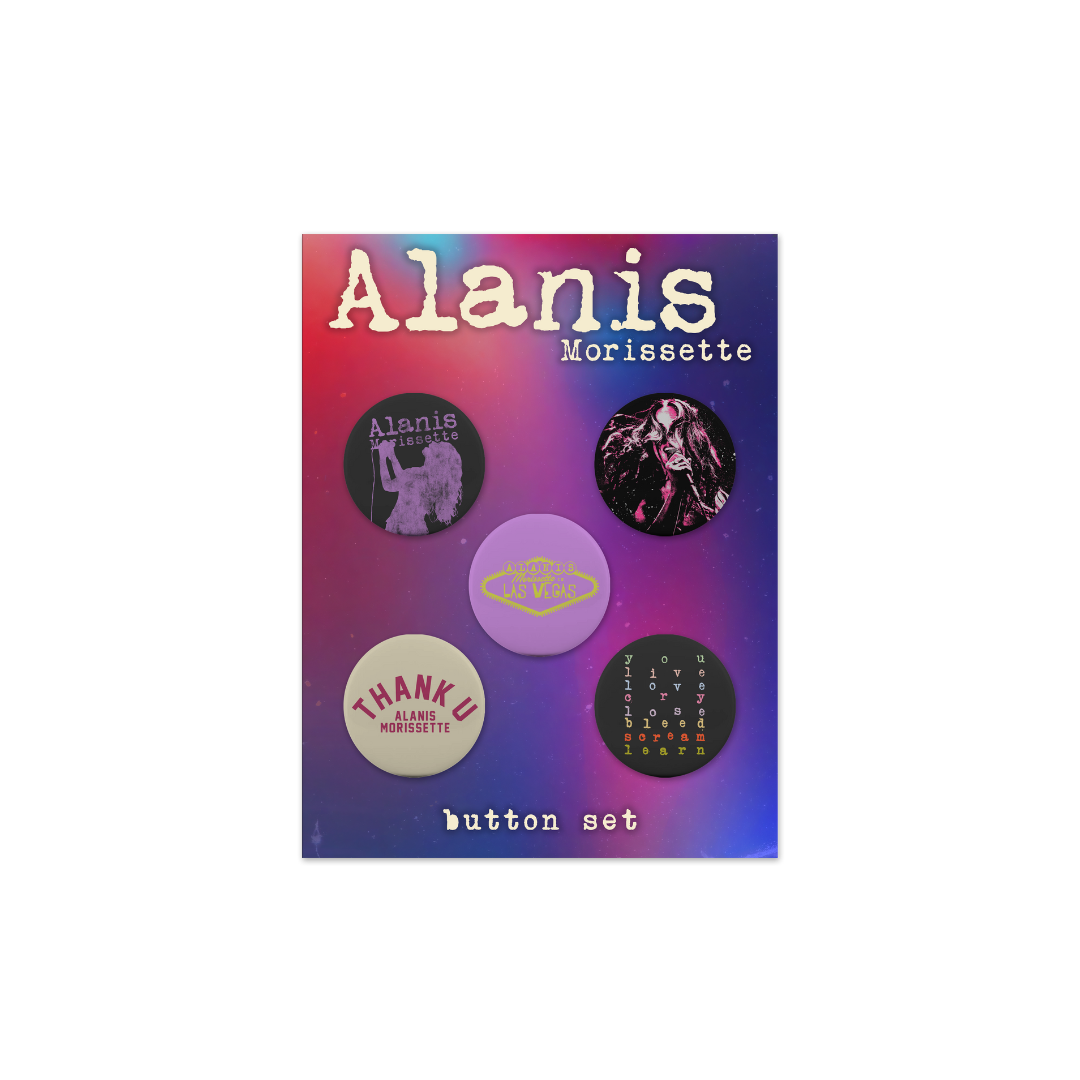 Alanis morissette button set featuring colorful designs and text on a black background.