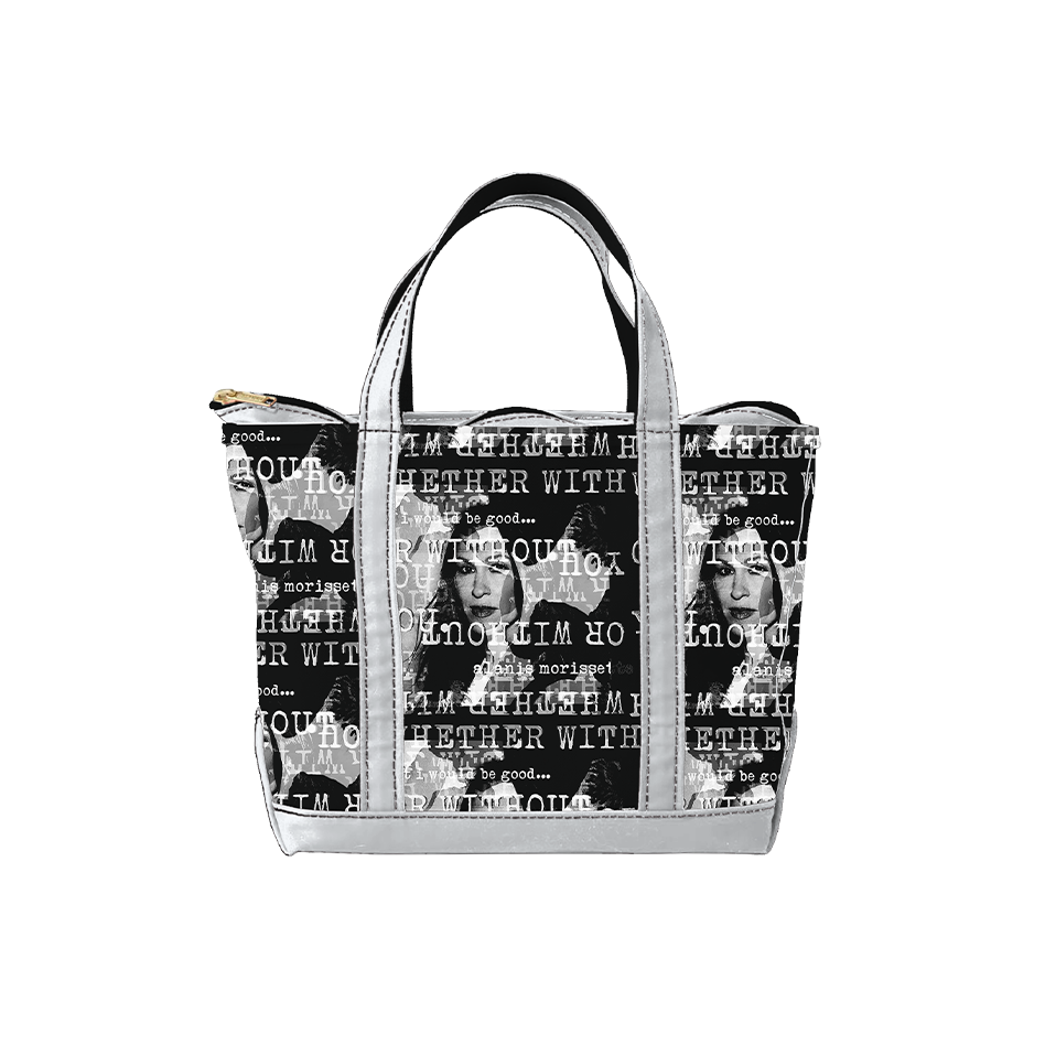 Stylish black and white tote bag with text and portrait design.