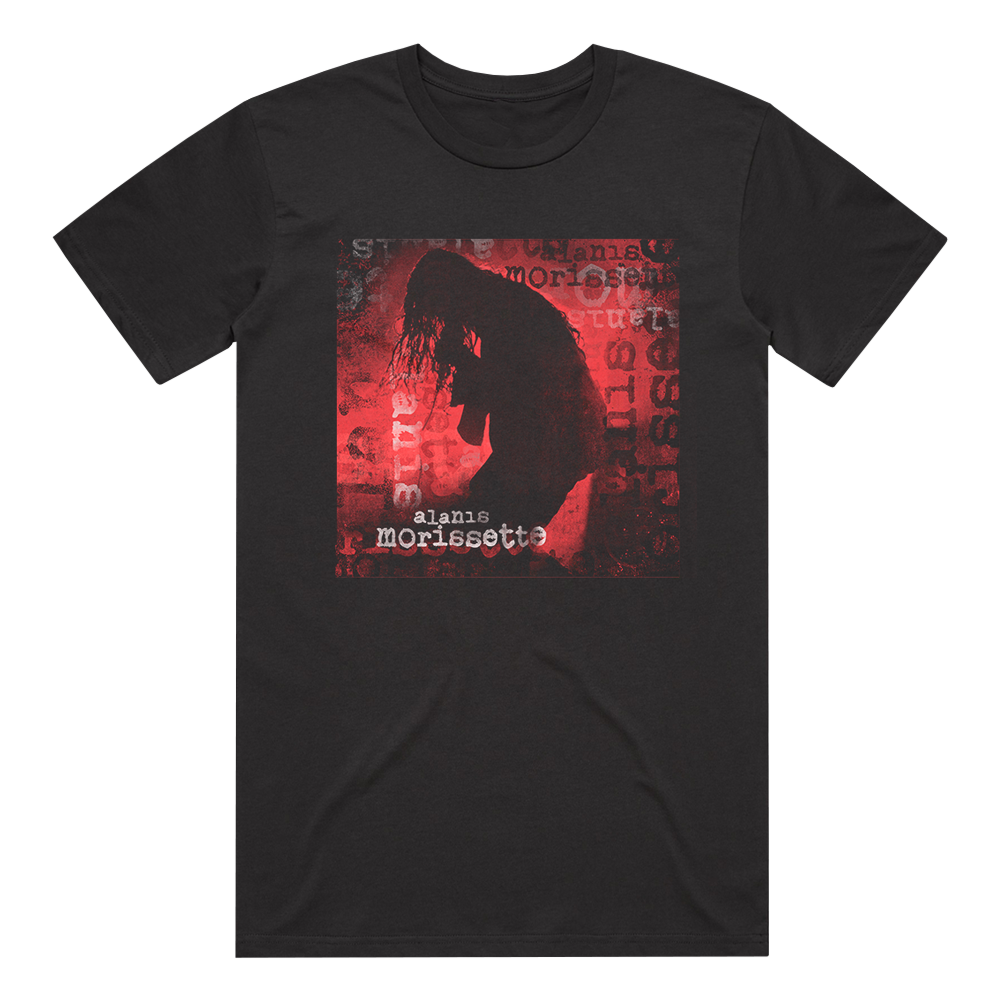 Black t-shirt featuring an album cover design with a silhouette and red background.