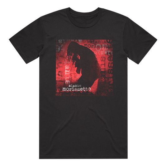 Black t-shirt featuring an album cover design with a silhouette and red background.