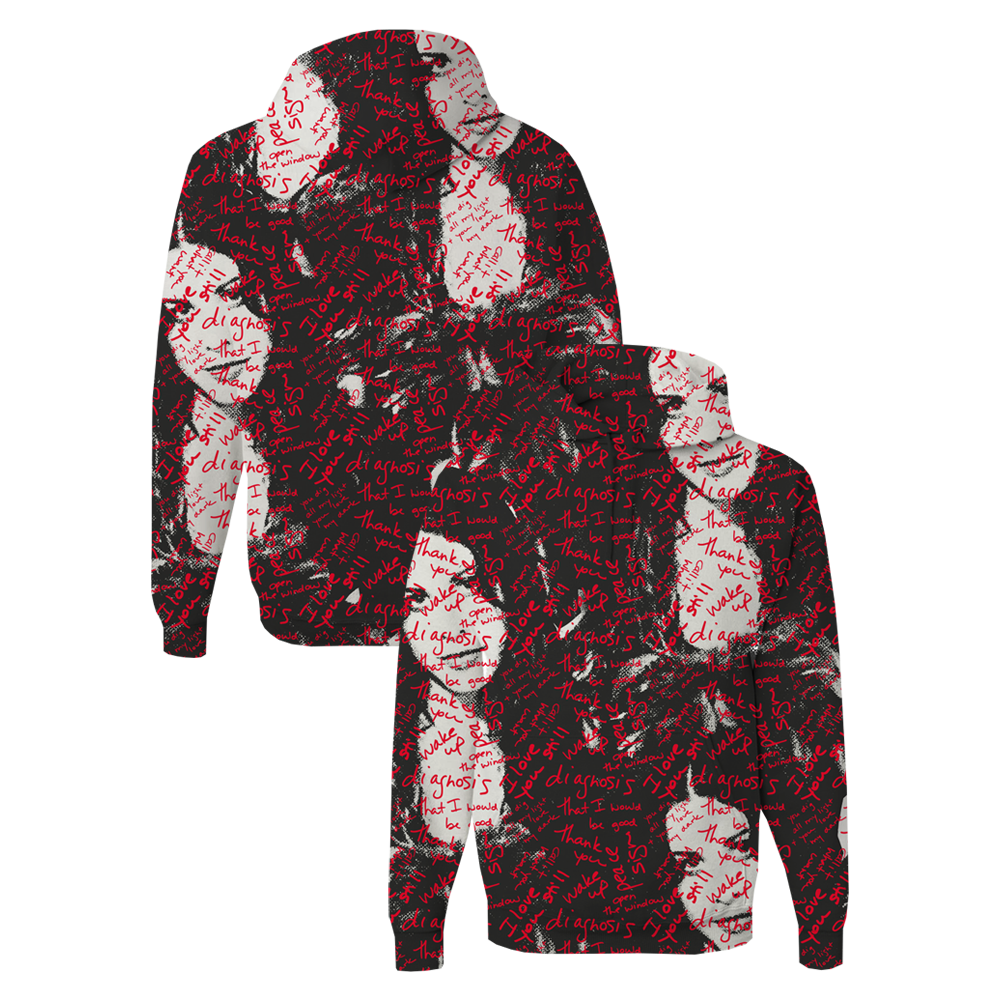 Hoodie with an all-over print featuring handwritten text and abstract face-like shapes in red and white on a black background.