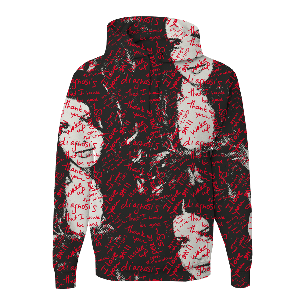 Hoodie with an abstract pattern of red text and white shapes on a black background.