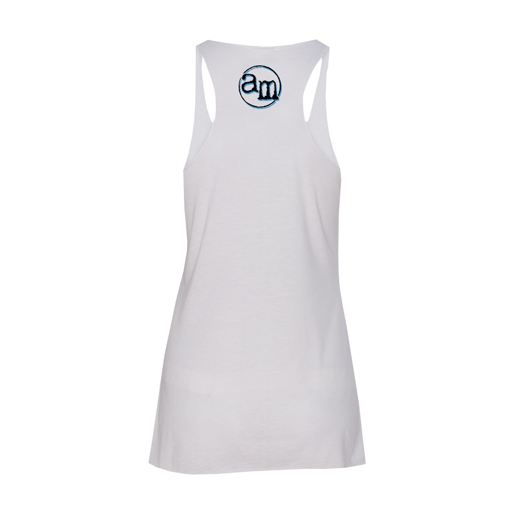 White racerback tank top with a circular ’am’ logo on the chest.