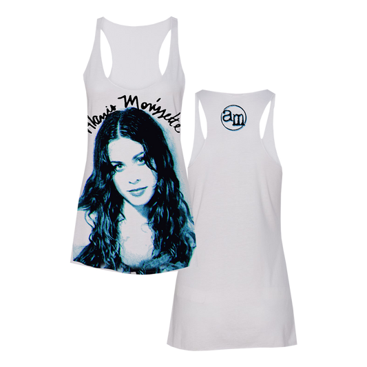 White women’s tank top with a blue-tinted portrait and text printed on the front.