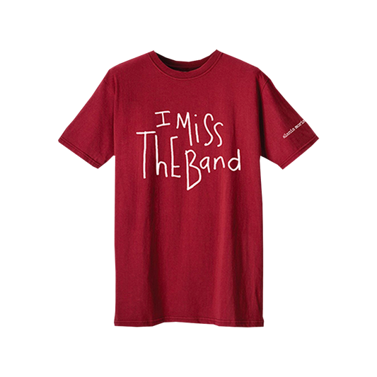 Red t-shirt with white text reading ’I Miss The Band’.