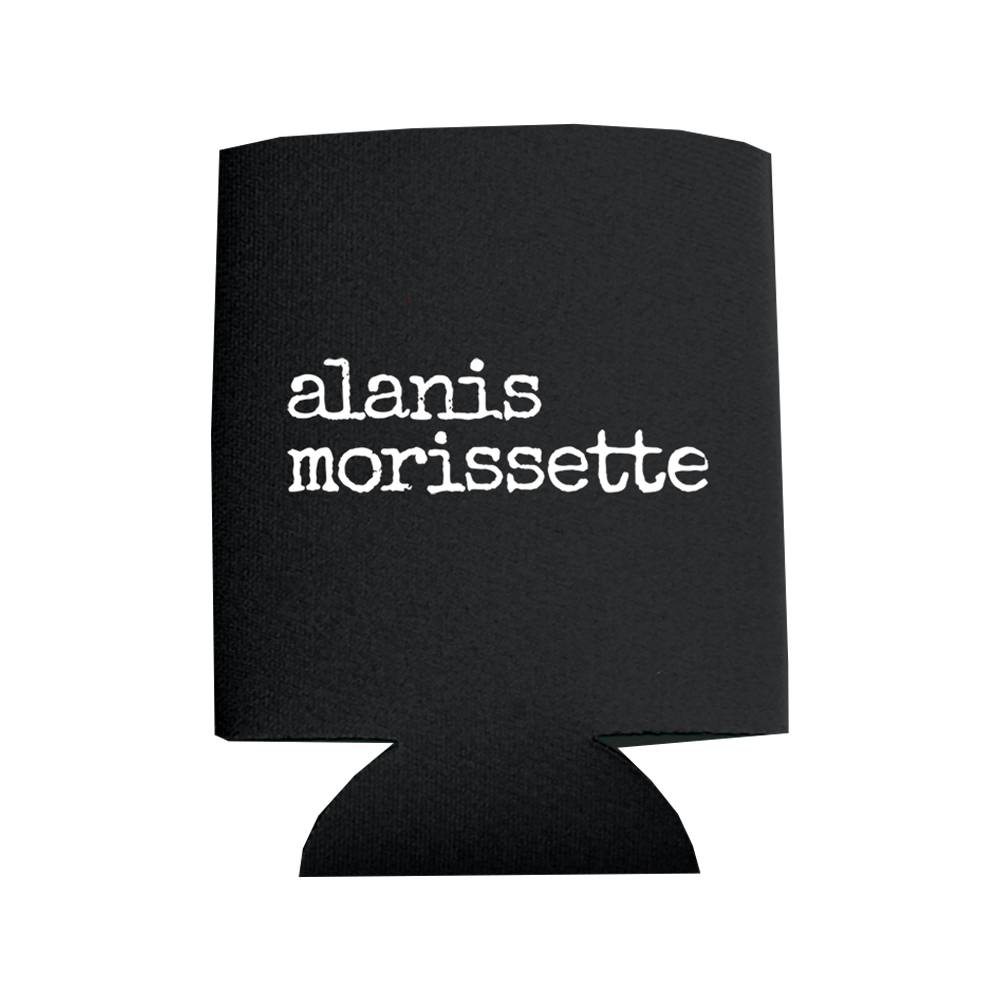 Black drink cooler sleeve with ’alanis morissette’ printed in white text.