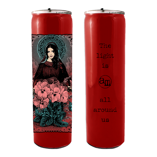 Red insulated tumbler with decorative artwork and text on opposite sides.