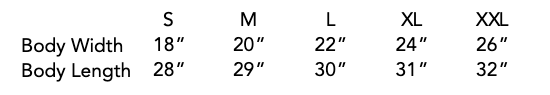 Size chart showing measurements for different clothing sizes from S to XXL.