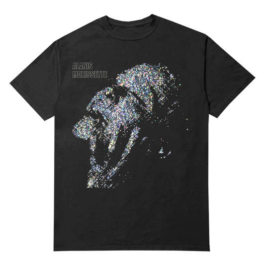 Black t-shirt featuring a glittery, multicolored silhouette design and ’Alanis Morissette’ text.
