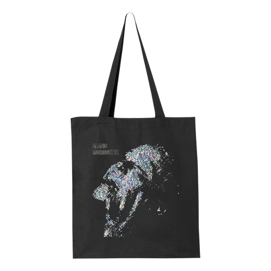 Black tote bag with a glittery jellyfish design and text.